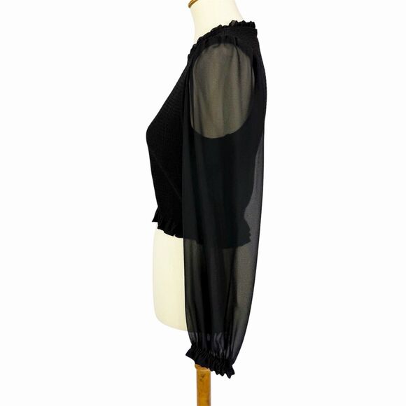 Aritzia Wilfred Tempest Blouse Sheer Long Sleeve Black Smocked Cropped Medium - Picture 4 of 13